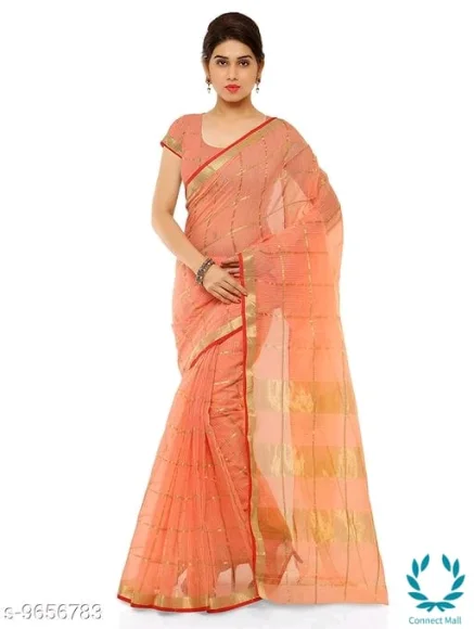 Orange Kota Doria Cotton Zari Stripes Checks saree with Unstitched Blouse piece - Striped, Pack Of :1